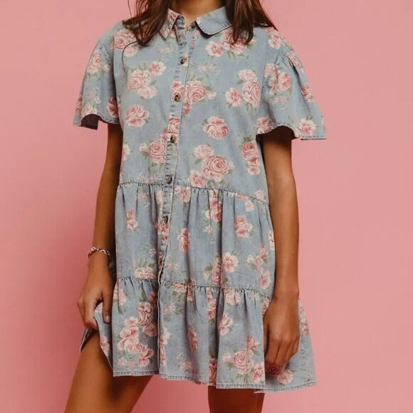BiBi Floral Print Washed Lightweight Tiered Shirt Dress - Picture 1 of 11